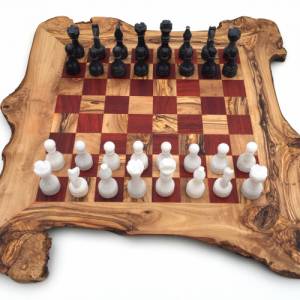 Schachspiel rustikal aus Olivenholz Schachbrett Gr. XL inkl. 32 Schachfiguren aus Marmor Farbe wählbar Naturprodukt Hand Bild 2