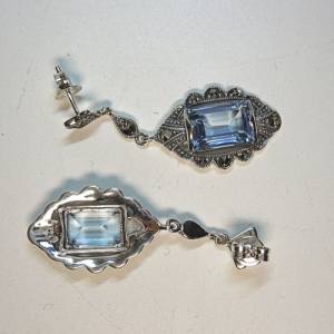 Aquamarin Jugendstil Hänge Silber Ohrringe mit Markasiten Bild 2