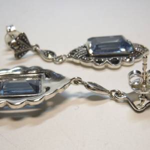 Aquamarin Jugendstil Hänge Silber Ohrringe mit Markasiten Bild 3