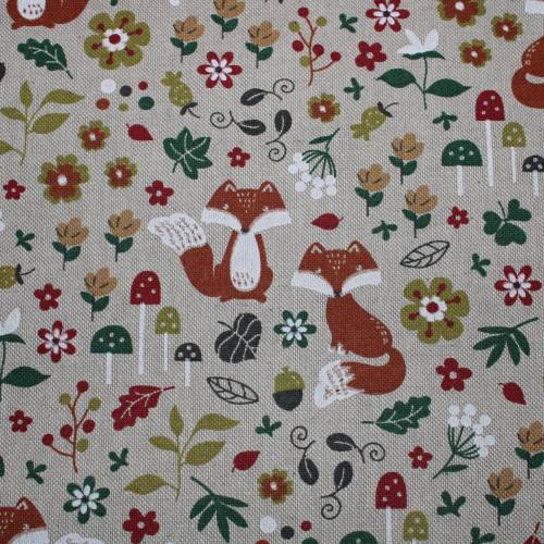 15,00 EUR/m Dekostoff Canvas Füchse auf hellbeige natur Baumwollmix