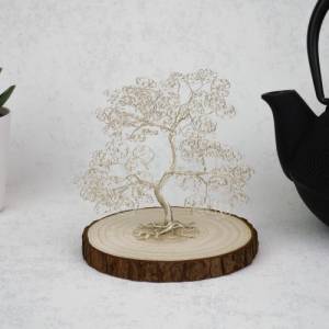 Mini Drahtbaum auf Holzscheibe Silber - GRÖßE S - Deko Bonsai aus Draht, Unikat Dekoration - verschiedene Varianten Bild 1