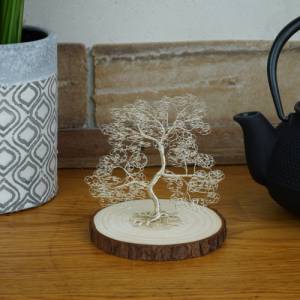Mini Drahtbaum auf Holzscheibe Silber - GRÖßE S - Deko Bonsai aus Draht, Unikat Dekoration - verschiedene Varianten Bild 2