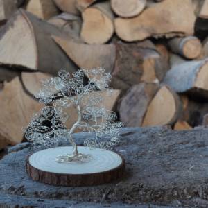 Mini Drahtbaum auf Holzscheibe Silber - GRÖßE S - Deko Bonsai aus Draht, Unikat Dekoration - verschiedene Varianten Bild 7