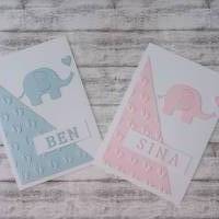 Karte zur Geburt, Babykarte, Glückwunschkarte, Baby, Elefant, Name, personalisiert, Handmade Bild 1