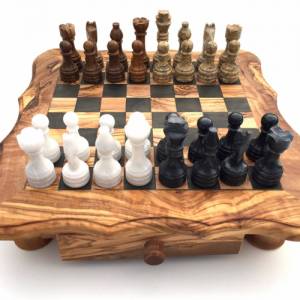 Schachspiel abgerundete Kante aus Olivenholz Schachtisch Gr. L inkl. 32er Schachfiguren Marmor Farbe wählbar Handgemacht Bild 1