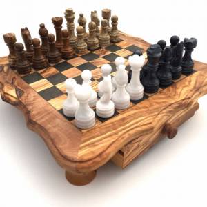 Schachspiel abgerundete Kante aus Olivenholz Schachtisch Gr. L inkl. 32er Schachfiguren Marmor Farbe wählbar Handgemacht Bild 2