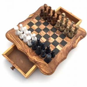Schachspiel abgerundete Kante aus Olivenholz Schachtisch Gr. L inkl. 32er Schachfiguren Marmor Farbe wählbar Handgemacht Bild 3