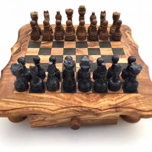 Schachspiel abgerundete Kante aus Olivenholz Schachtisch Gr. L inkl. 32er Schachfiguren Marmor Farbe wählbar Handgemacht Bild 5