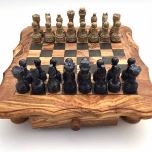 Schachspiel abgerundete Kante aus Olivenholz Schachtisch Gr. L inkl. 32er Schachfiguren Marmor Farbe wählbar Handgemacht Bild 6