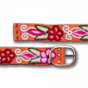 Peruanischer Gürtel bestickt, Orange Ethno Damengürtel, Handgemachter Gürtel aus Peru mit bunter Blumen Bestickung, Flor Bild 4