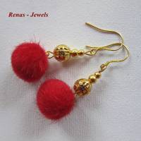 Ohrhänger mit Bommel rot goldfarben Pompon Ohrringe mit Ohrhaken 925 Silber vergoldet Bild 2