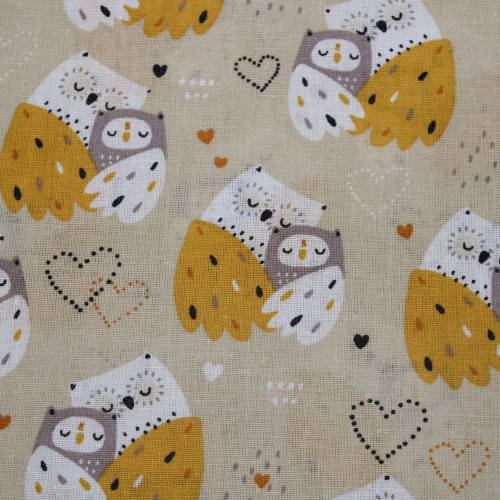 12,60 EUR/m Baumwollstoff Chouette Eulen senfgelb grau Webware 100% Baumwolle