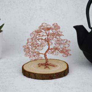Mini Drahtbaum auf Holzscheibe Kupfer - GRÖßE S - Deko Bonsai aus Draht, Unikat Dekoration - verschiedene Varianten Bild 1
