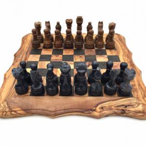 Schachspiel abgerundete Kante Olivenholz Schachbrett Gr. L inkl. 32er  Schachfiguren aus Marmor Farbe wählbar Handemacht Bild 3