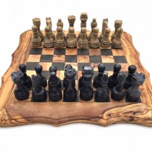 Schachspiel abgerundete Kante Olivenholz Schachbrett Gr. L inkl. 32er  Schachfiguren aus Marmor Farbe wählbar Handemacht Bild 4