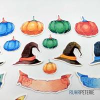 20 Halloween Sticker | Ausgestanzte Form | Aquarell Zeichnungen | Süße Geister Kürbis Hexenhüte Bild 5