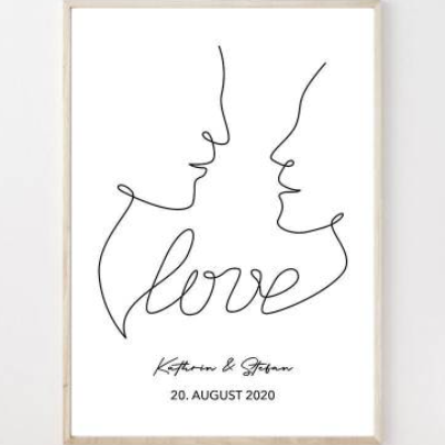 Personalisiertes Paar Poster Linien Kuss | Liebe | Geschenk Sie Ihn | Hochzeit | Geburtstag | Jahrestag | Paar Bild | Ku