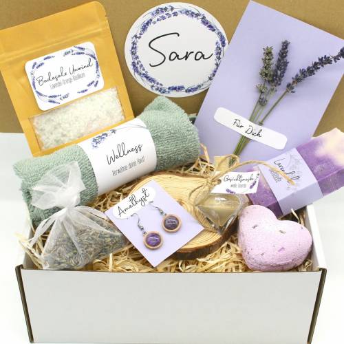 Vegan: Personalisierte Geschenkbox Lavendel Wellnessbox handgemachte Seife Amethyst Ohrringe Geschenk Freundin Lavendel