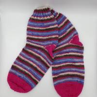 Gr 40/41, Handgestrickte Wollsocken pink, hellblau,braun, beige, mit farblich (pink) abgesetzter Ferse, Bund und Spitze Bild 1