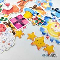 20 Weihnachten Sticker | Ausgestanzte Form | Aquarell Zeichnungen | Weihnachtsmann Sterne Geschenkboxen Bild 2