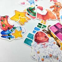 20 Weihnachten Sticker | Ausgestanzte Form | Aquarell Zeichnungen | Weihnachtsmann Sterne Geschenkboxen Bild 3