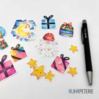 20 Weihnachten Sticker | Ausgestanzte Form | Aquarell Zeichnungen | Weihnachtsmann Sterne Geschenkboxen Bild 5