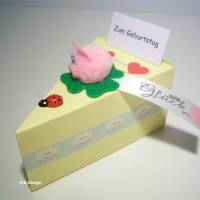 Geldgeschenk-Geburtstag-"Viel Glück" auf einem Tortenstück dekoriert mit Glücksschweinchen,Schachtel, Genesung, Bild 2
