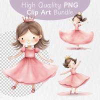 Kleine Pinke Prinzessin PNG Clipart Bundle - 10 Aquarell Bilder, Transparenter Hintergrund, Kinder Dekoration Bild 1