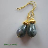 Edelstein Ohrhänger Moosachat Achat Tropfen Perlen Ohrringe grün goldfarben Ohrhaken 925 Silber vergoldet Handmade Bild 2