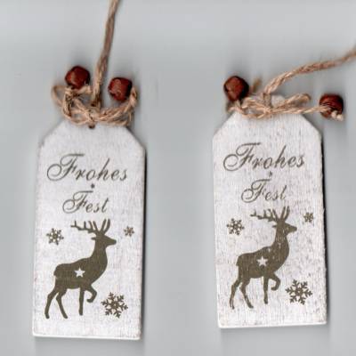 2 Stück Streuteile - Geschenkanhänger oder Festtagsdekogestaltung aus Holz mit Rentier Band und Glöckchen