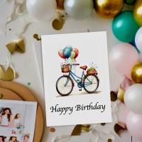 Postkarte Happy Birthday, Fahrrad Luftballons, Glückwunschkarte, Geburtstag, Aquarell, Geschenkkarte, Illustration Bild 1