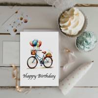 Postkarte Happy Birthday, Fahrrad Luftballons, Glückwunschkarte, Geburtstag, Aquarell, Geschenkkarte, Illustration Bild 2