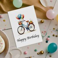 Postkarte Happy Birthday, Fahrrad Luftballons, Glückwunschkarte, Geburtstag, Aquarell, Geschenkkarte, Illustration Bild 3
