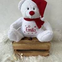 Kuscheltier Teddybär mit Weihnachtsmütze mit Namen + Sternen bestickt, personalisierte Geschenkidee Baby zu Weihnachte Bild 1