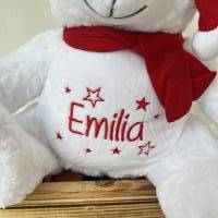Kuscheltier Teddybär mit Weihnachtsmütze mit Namen + Sternen bestickt, personalisierte Geschenkidee Baby zu Weihnachte Bild 2