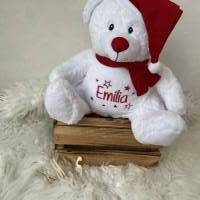 Kuscheltier Teddybär mit Weihnachtsmütze mit Namen + Sternen bestickt, personalisierte Geschenkidee Baby zu Weihnachte Bild 3