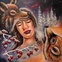 EISIGER HAUCH DES WINTERS - romantisches Winterbild mit Wölfen und Frauenportrait auf Leinwand 60cmx60cm Bild 1