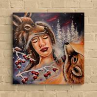EISIGER HAUCH DES WINTERS - romantisches Winterbild mit Wölfen und Frauenportrait auf Leinwand 60cmx60cm Bild 3