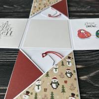 weihnachtliche Geschenkverpackung, Explosionsbox 10 x 10 cm, Pinguine und Schneemänner Bild 2