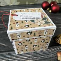 weihnachtliche Geschenkverpackung, Explosionsbox 10 x 10 cm, Pinguine und Schneemänner Bild 4