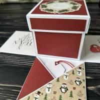 weihnachtliche Geschenkverpackung, Explosionsbox 10 x 10 cm, Pinguine und Schneemänner Bild 6