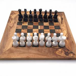 Schachspiel gerade Kante Olivenholz Schachbrett Gr. M inkl. 32er  Schachfiguren aus Marmor Farbe wählbar Handemacht Bild 2