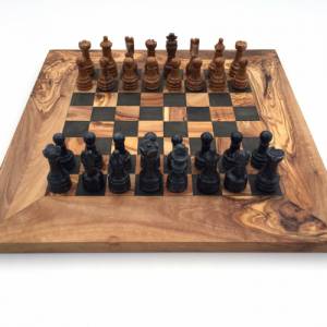 Schachspiel gerade Kante Olivenholz Schachbrett Gr. M inkl. 32er  Schachfiguren aus Marmor Farbe wählbar Handemacht Bild 3