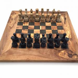 Schachspiel gerade Kante Olivenholz Schachbrett Gr. M inkl. 32er  Schachfiguren aus Marmor Farbe wählbar Handemacht Bild 4