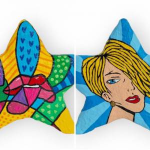 Pop Art Skulptur Stern zweiseitig "Frauen mit blondem Haar und rote Lippen" Bild 1