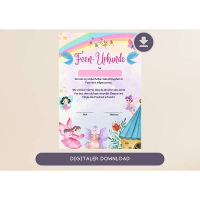 Urkunde Fee für Kindergeburtstagsgäste | Mitgebsel für die Feenparty A4 | Feenreich | Urkunden ausdrucken | DIY