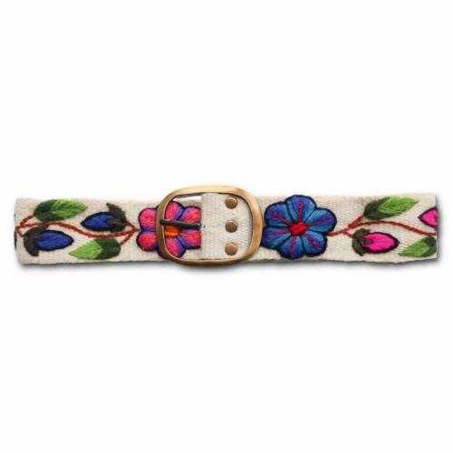 Bestickter Gürtel, Boho Damengürtel Weiß, Peruanischer Gürtel mit bunter Blumen Bestickung, Handgemachter Webgürtel