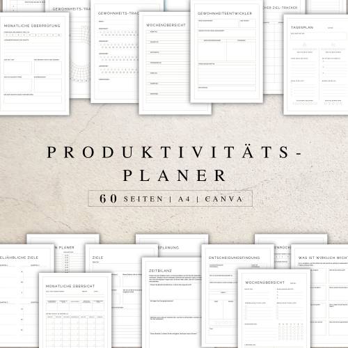 Produktivitätsplaner als Canva Version in Deutsch (A4) | Planer  zum ausdrucken oder digital nutzbar | 60 Seiten zum ind