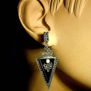 925 Silber Art Deco Ohrringe mit Onyx, Opal und Markasiten Bild 5