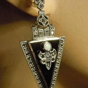 925 Silber Art Deco Ohrringe mit Onyx, Opal und Markasiten Bild 6